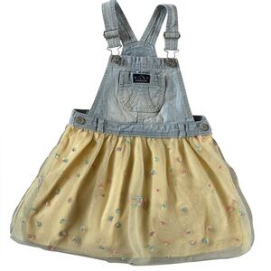 Jordache Girls 5T Denim Tulle Overall Dress Yellow Embroidered Spring